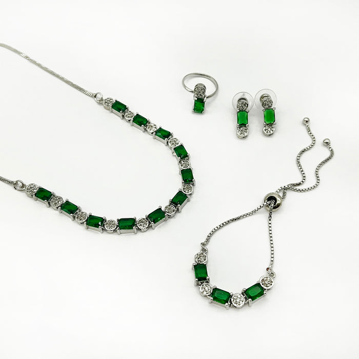 Women's Emerald Stone Jewelry Set – Necklace, Earrings, Bracelet, and Ring