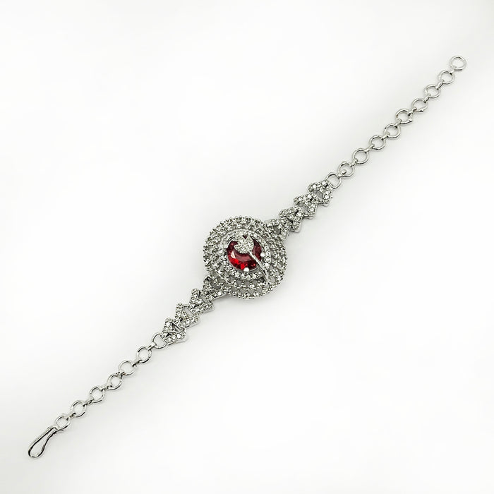 Stylish Women's Charm Bracelet with Red Garnet – Elegant Silver-Plated Design