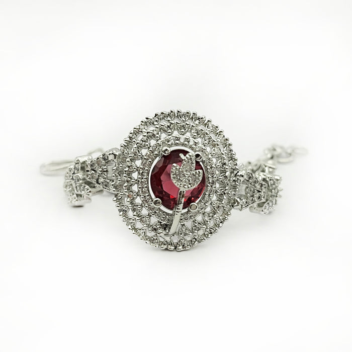 Stylish Women's Charm Bracelet with Red Garnet – Elegant Silver-Plated Design