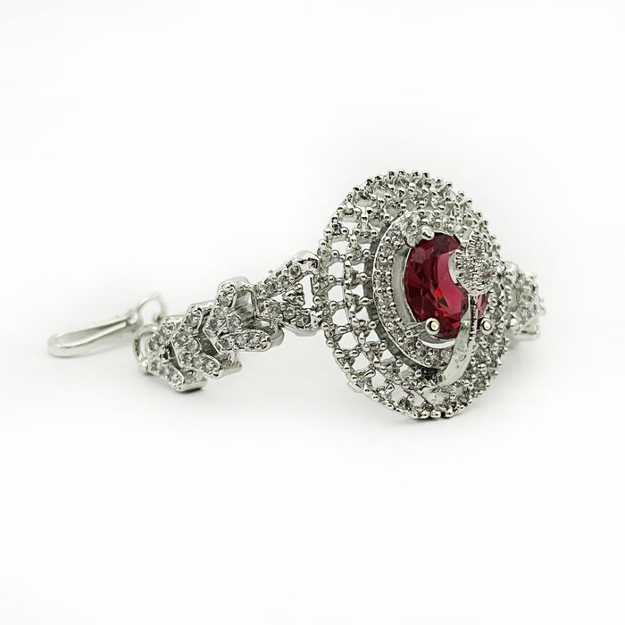 Stylish Women's Charm Bracelet with Red Garnet – Elegant Silver-Plated Design