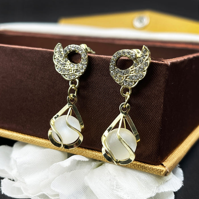 Gold-Plated Drop Earrings with Pearl Beads & CZ Crystal Studs – Elegant Statement Jewelry