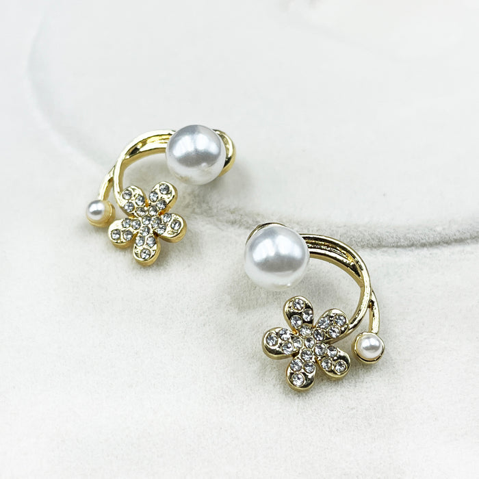Gold-Plated Floral Pearl Stud Earrings with CZ Accents