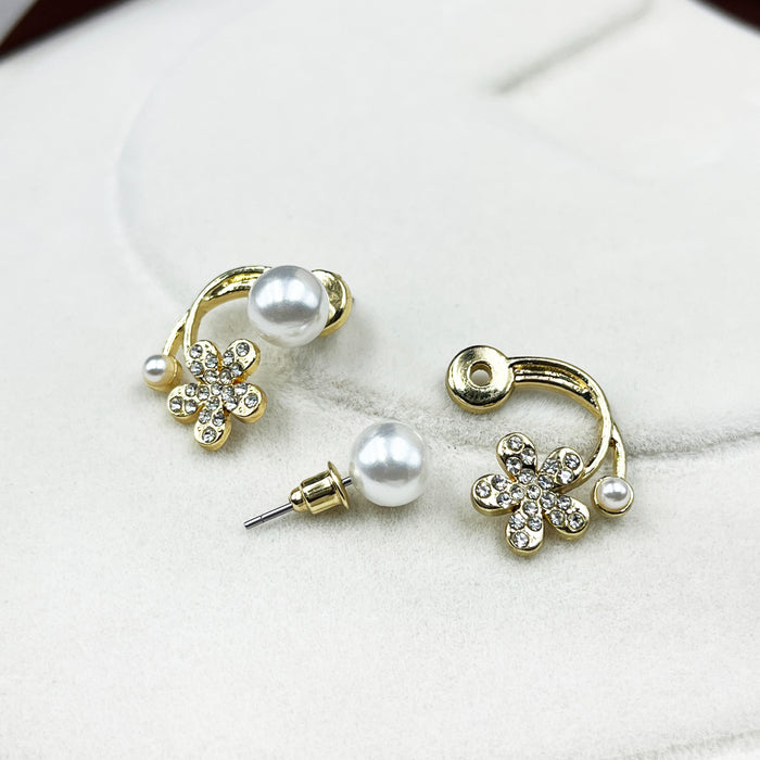 Gold-Plated Floral Pearl Stud Earrings with CZ Accents