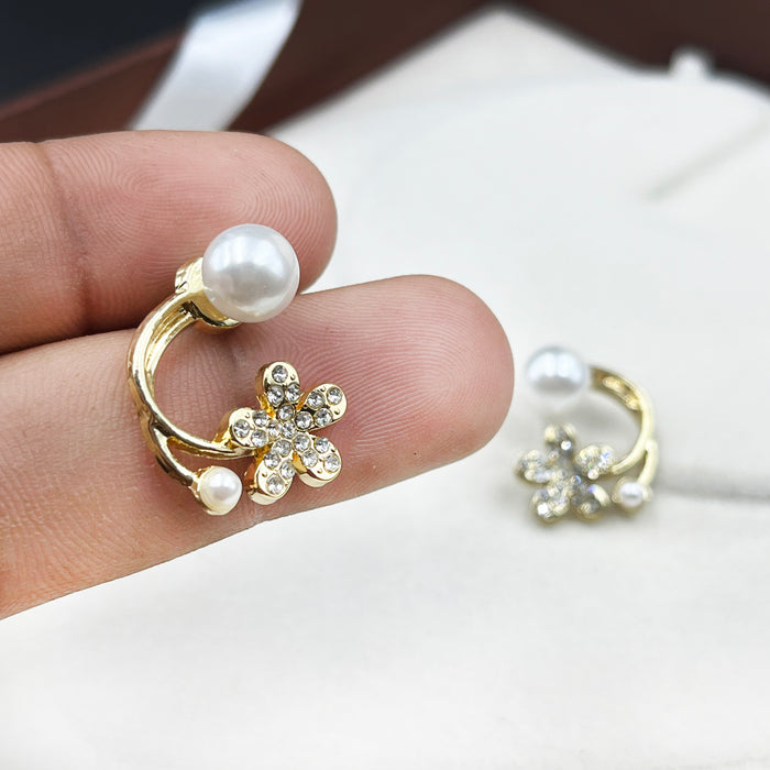 Gold-Plated Floral Pearl Stud Earrings with CZ Accents