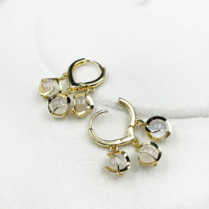 Gold-Plated Triple Drop Hoop Earrings with White Stone Charms