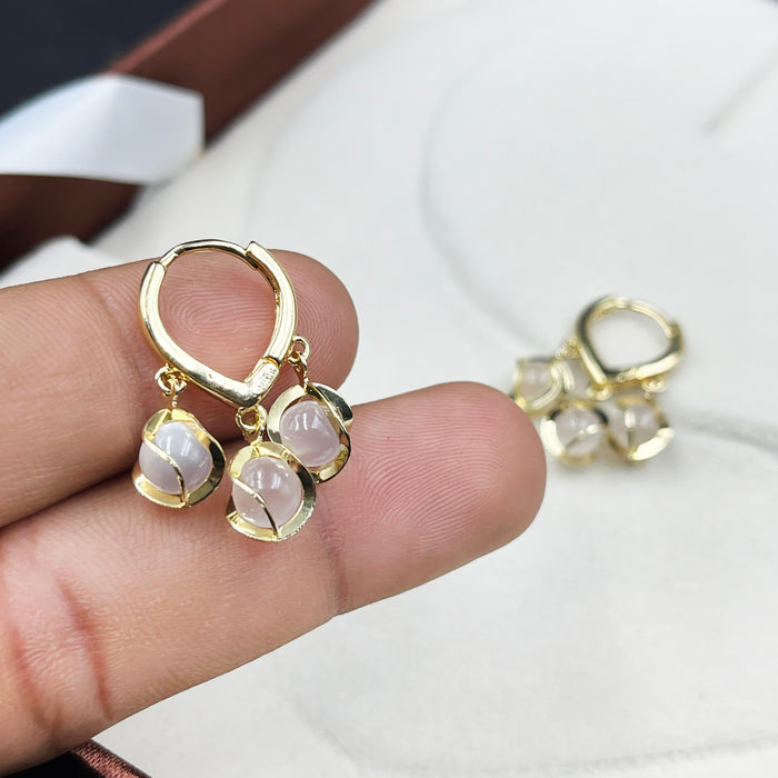 Gold-Plated Triple Drop Hoop Earrings with White Stone Charms