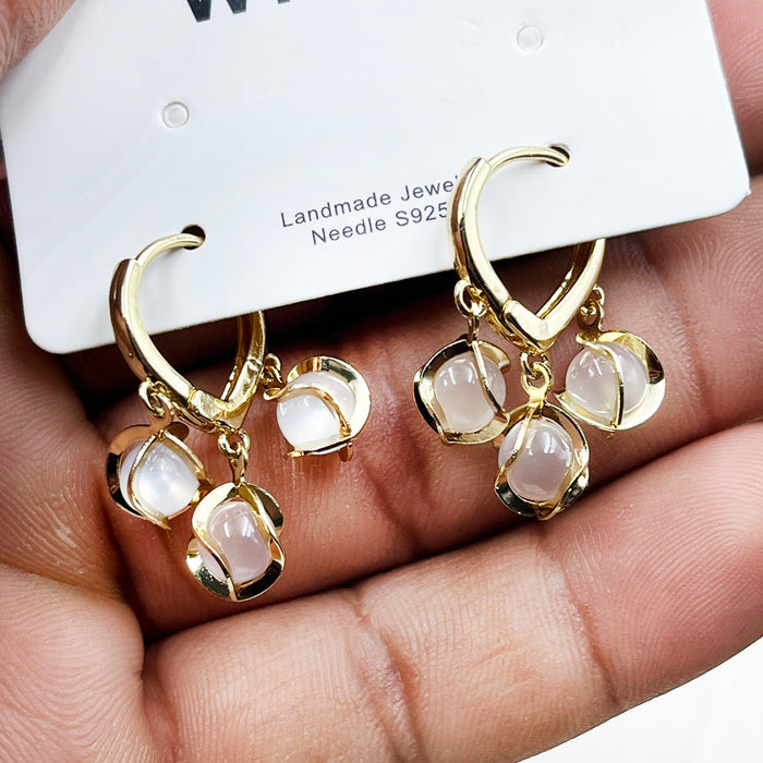 Gold-Plated Triple Drop Hoop Earrings with White Stone Charms