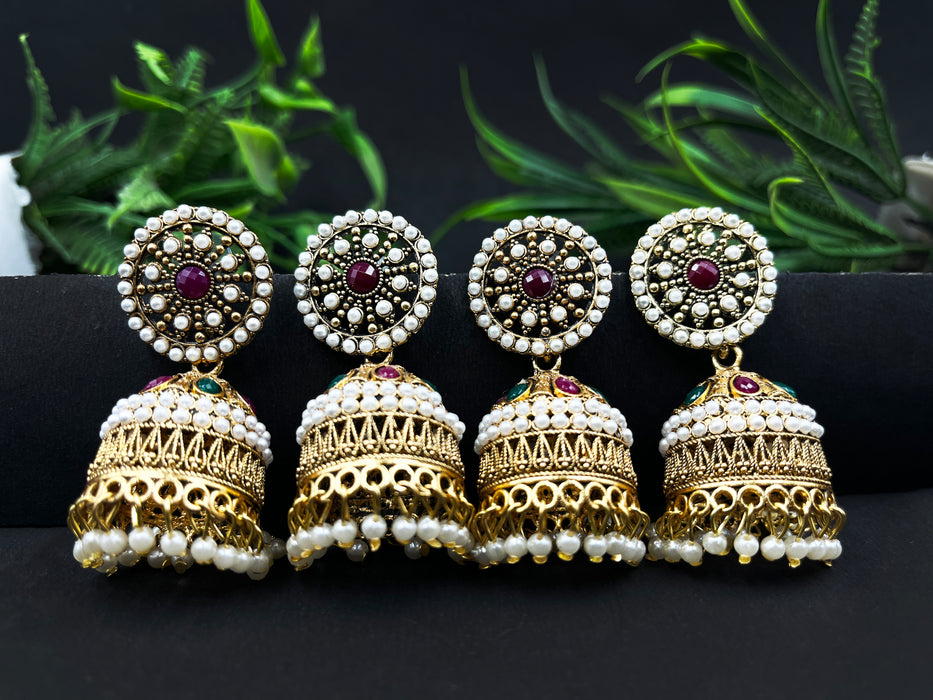 Traditional Gold-Plated Pearl Jhumka Earrings with Kundan and Beaded Detailing