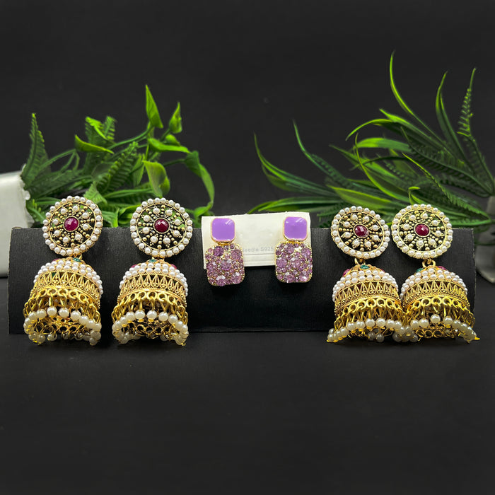 Traditional Gold-Plated Pearl Jhumka Earrings & Statement Lavender Crystal Stud Set – Pack of 3