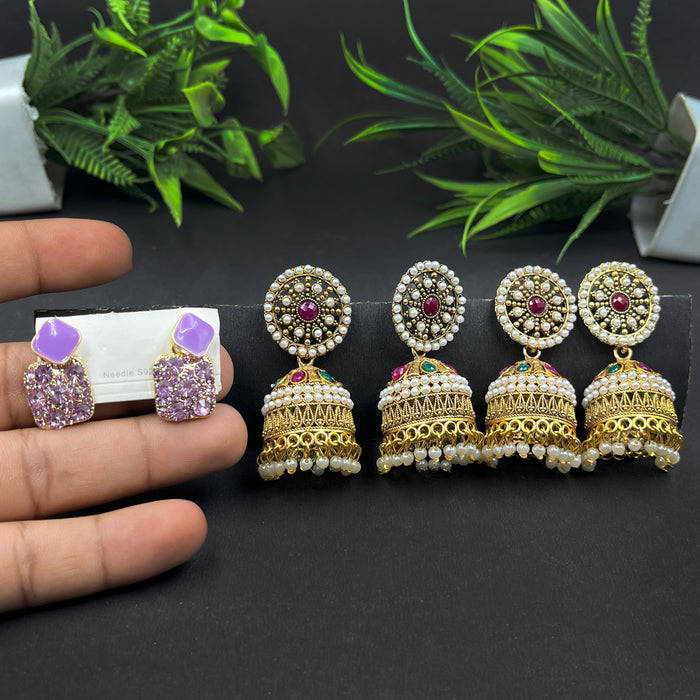 Traditional Gold-Plated Pearl Jhumka Earrings & Statement Lavender Crystal Stud Set – Pack of 3