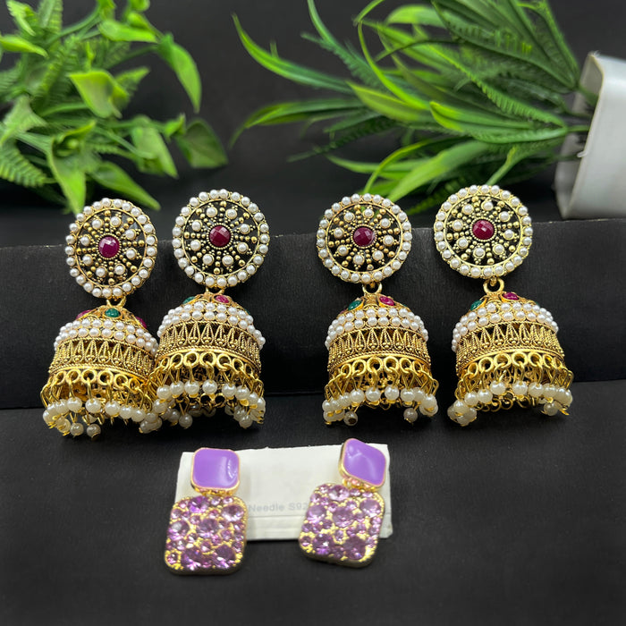 Traditional Gold-Plated Pearl Jhumka Earrings & Statement Lavender Crystal Stud Set – Pack of 3