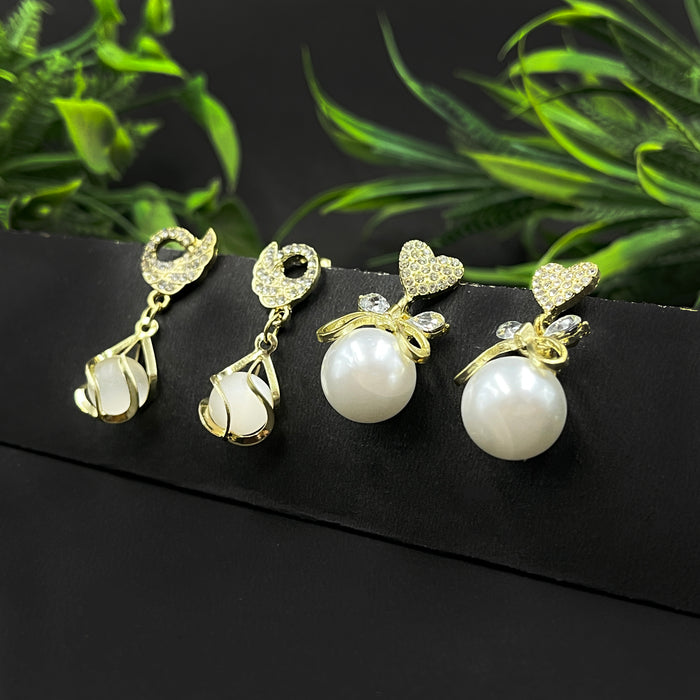 Elegant Gold-Tone Pearl Drop & Heart Crystal Stud Earrings – 2-Pair Set