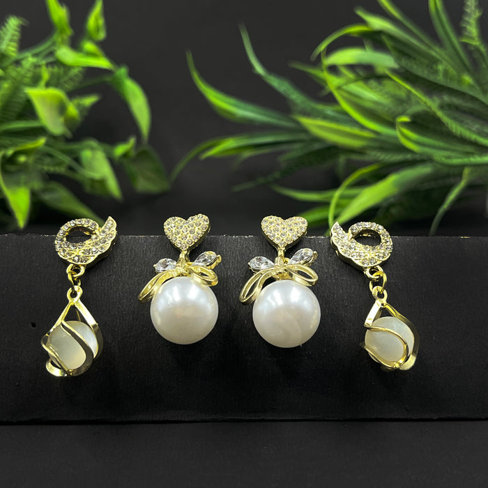 Elegant Gold-Tone Pearl Drop & Heart Crystal Stud Earrings – 2-Pair Set