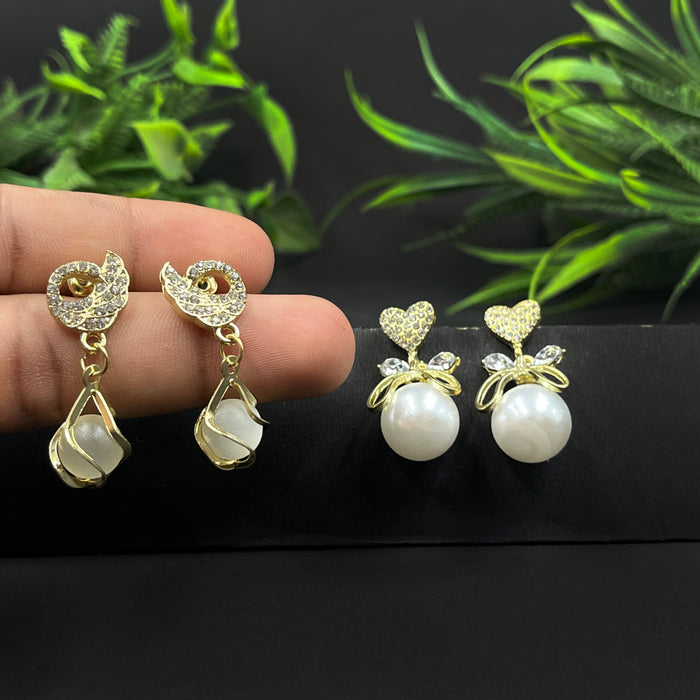 Elegant Gold-Tone Pearl Drop & Heart Crystal Stud Earrings – 2-Pair Set