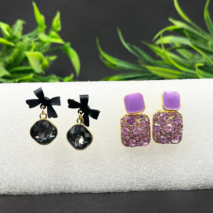 Trendy Black Bow Crystal Drop & Lavender Stud Earrings – 2-Pair Fashion Set